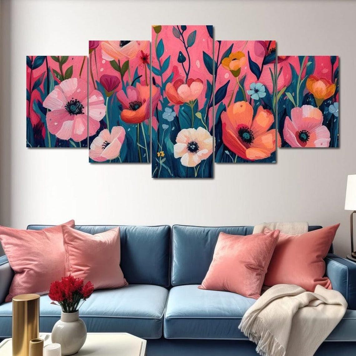 Pink Poppy Meadow Five Panel Floral Canvas Modern Home Wall Art