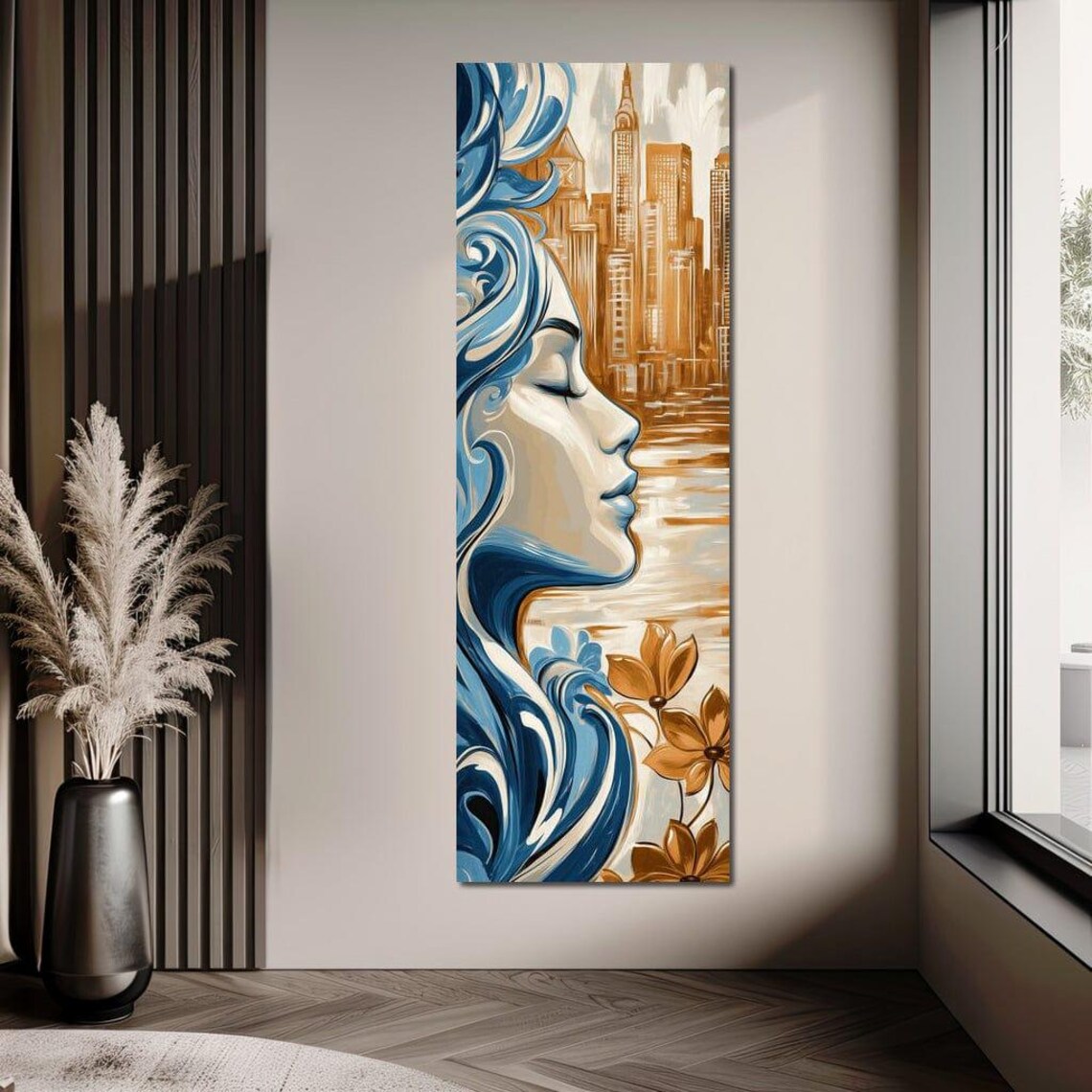Art Deco Woman Ocean Wave Hair Golden City Skyline Profile Wall Print - Image 3