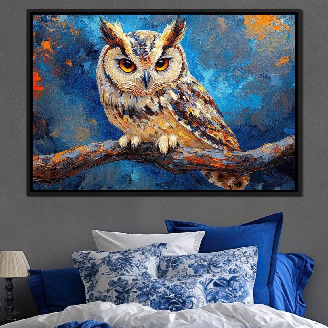 Horned Owl Blue Night Branch Orange Eyes Colorful Wildlife Bird Poster