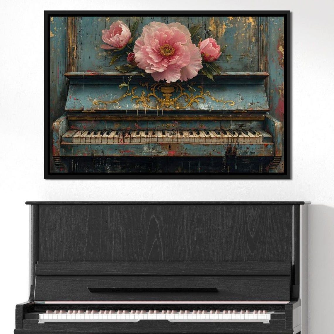 Vintage Blue Upright Piano Pink Peonies Rustic Music Room Decor Poster