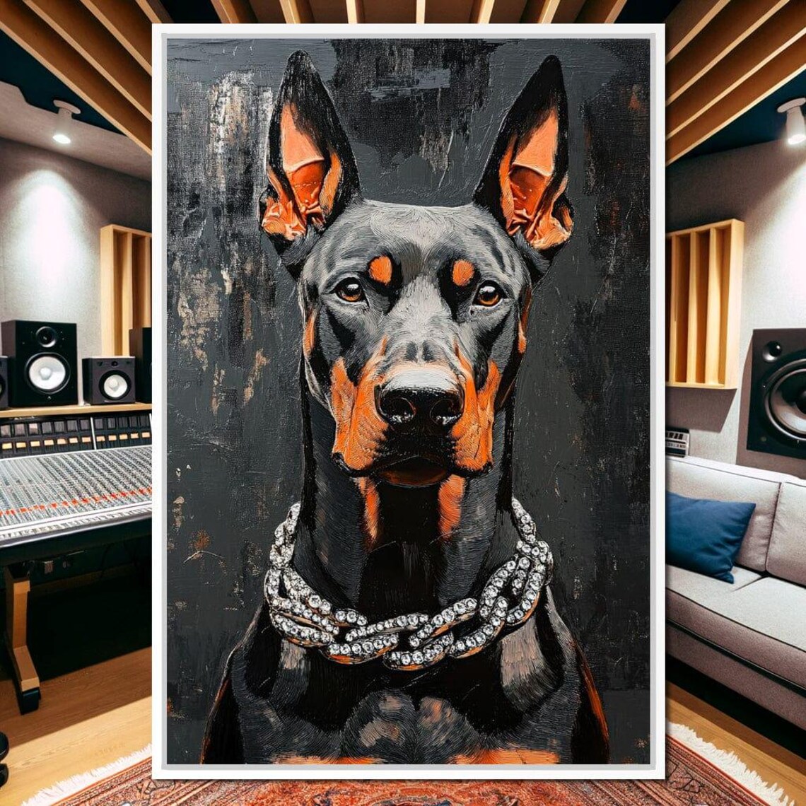 Doberman Pinscher With Chain Necklace Bold Black Dog Portrait Poster - Image 4