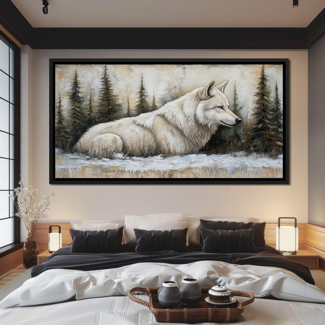 White Wolf Snowy Pine Forest Winter Landscape Wildlife Wall Art Print