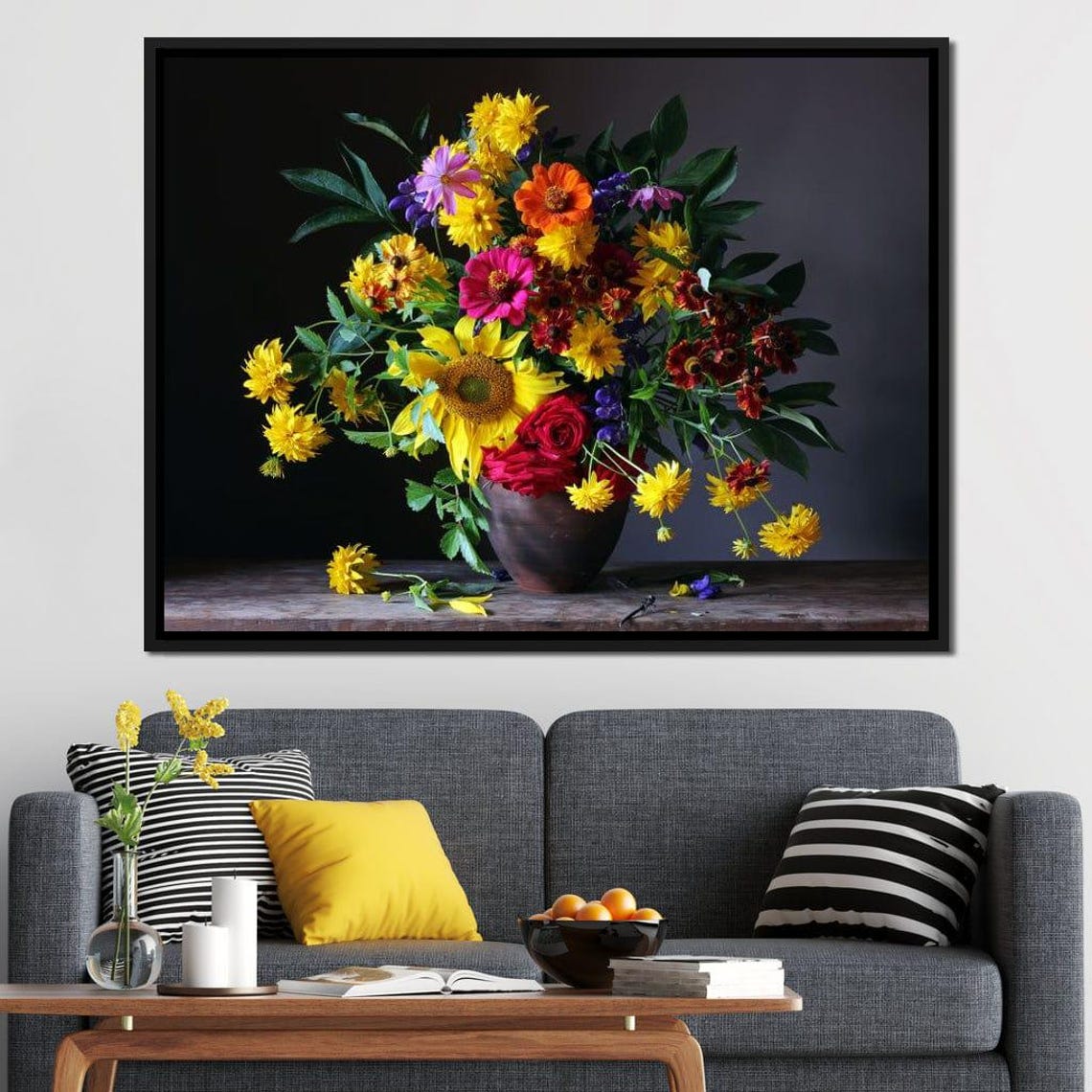 Sunflower Zinnia Bouquet Dark Vase Rustic Floral Photography Poster