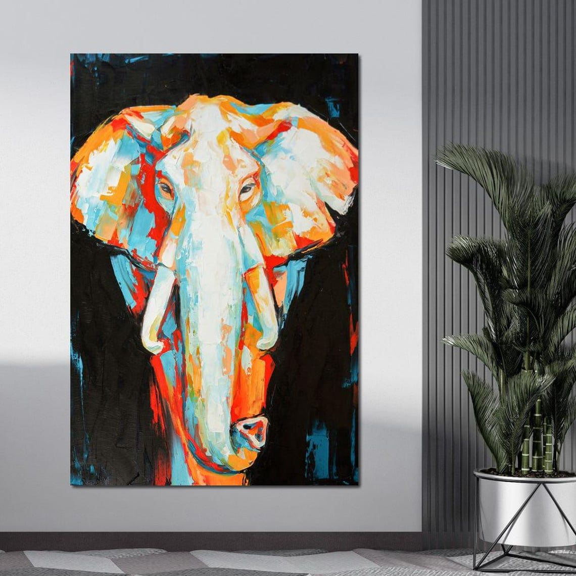 Colorful Abstract Elephant Portrait Orange Teal Modern Safari Wall Art - Image 3