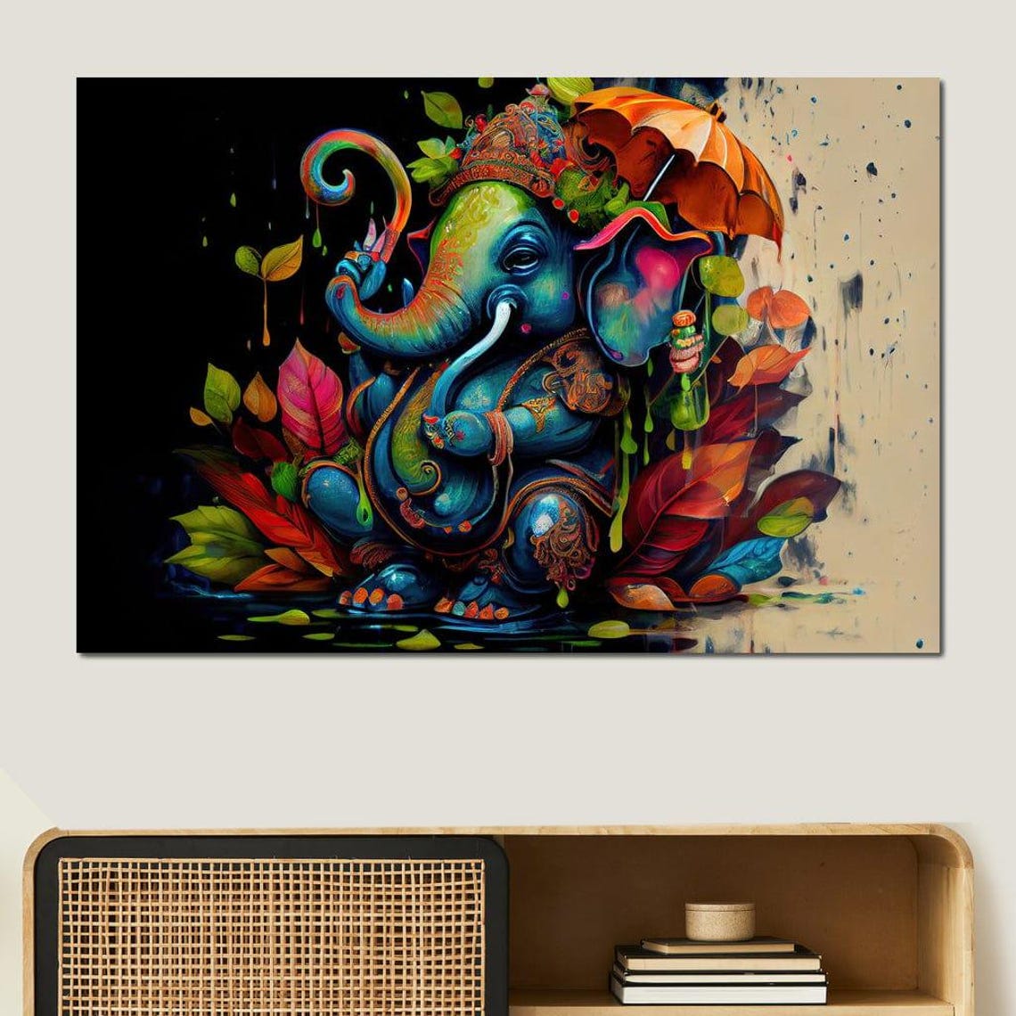 Blue Ganesha Dancing Under Umbrella Vibrant Rainbow Floral Art Poster - Image 4
