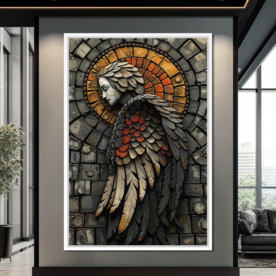 Guardian Angel Mosaic Stone Wings Orange Halo Spiritual Decor Wall Art - Image 3