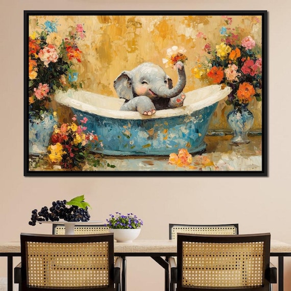 Baby Elephant Floral Bathtub Cute Whimsical Flower Bath Animal Wall Print