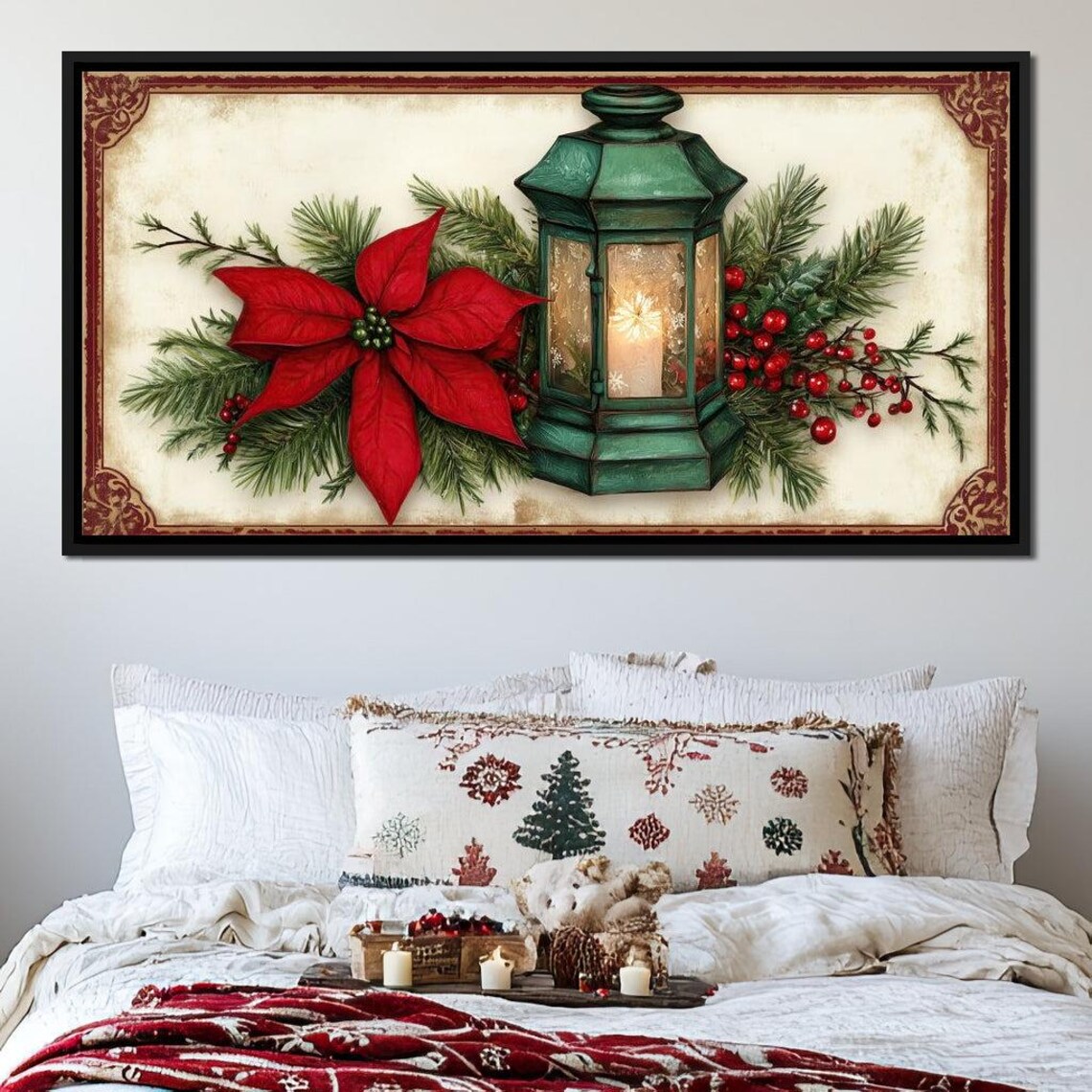 Vintage Green Candle Lantern Poinsettia Pine Holiday Art Poster - Image 4