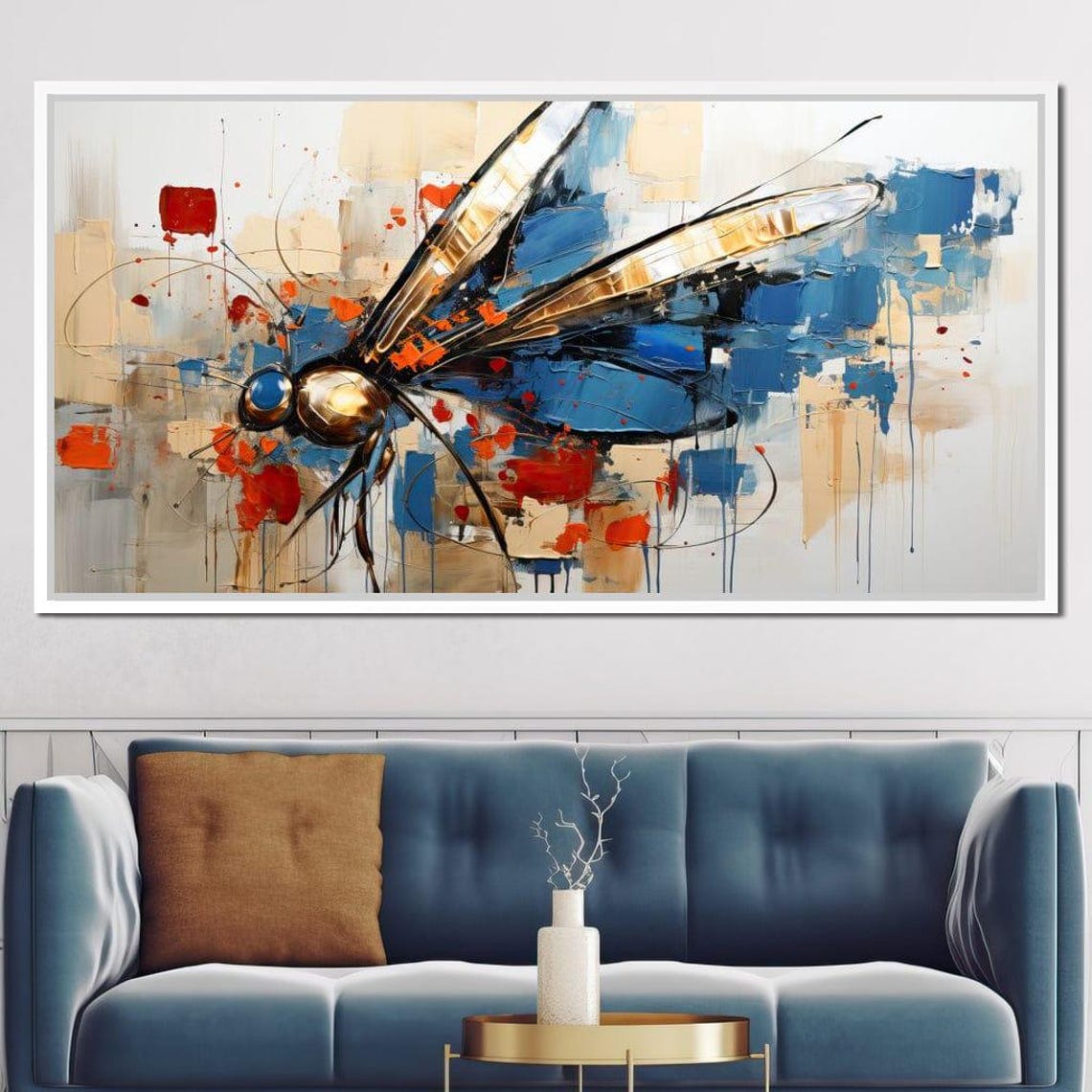 Golden Dragonfly Abstract Blue Red Impasto Insect Wall Art Poster - Image 2