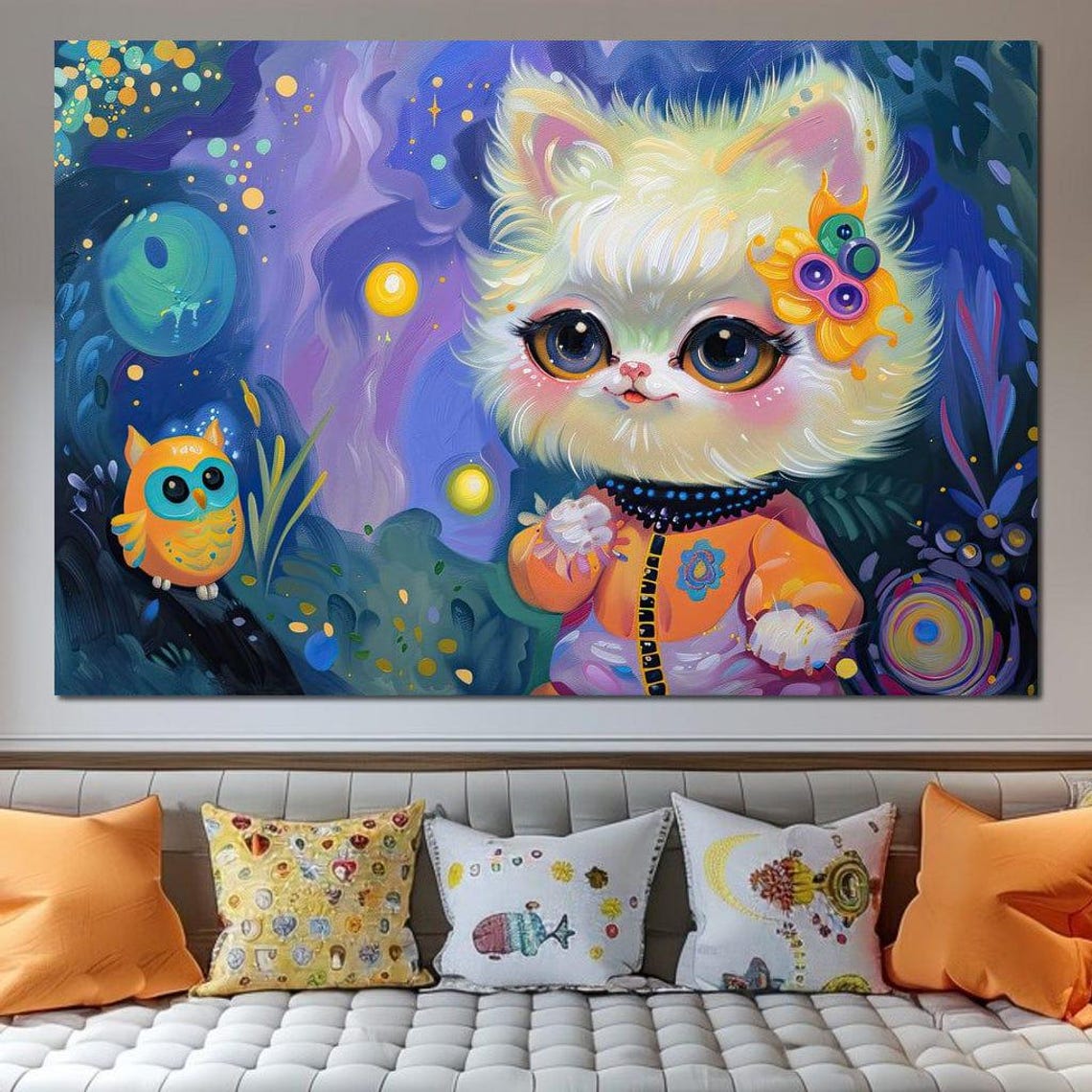 Cute White Kitten With Owl Under Starry Night Kids Room Art Poster - Image 2