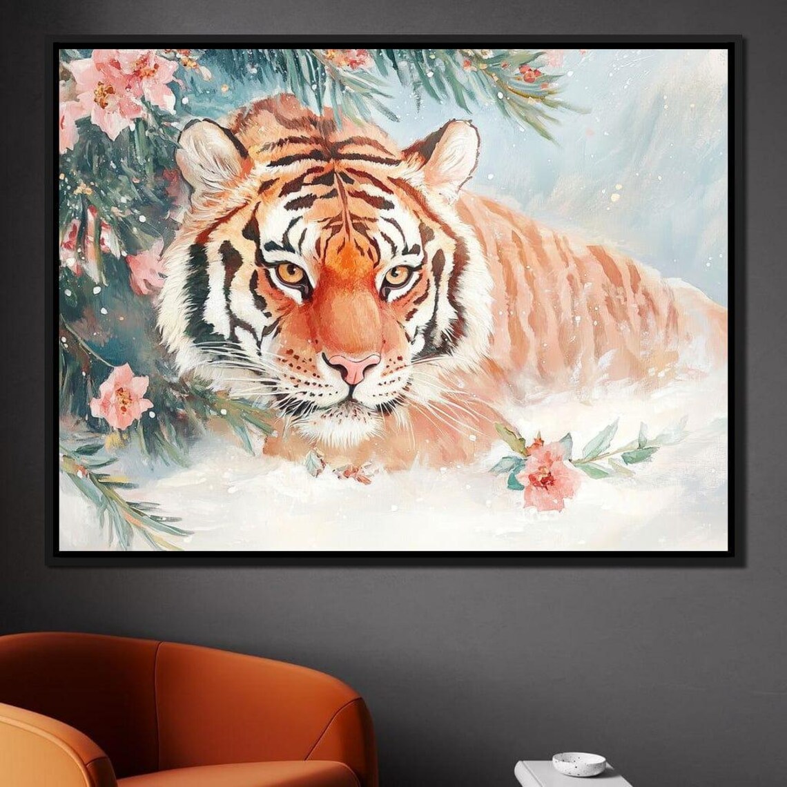 Majestic Tiger Resting In Snow Among Pine Branches And Pink Blossoms Poster