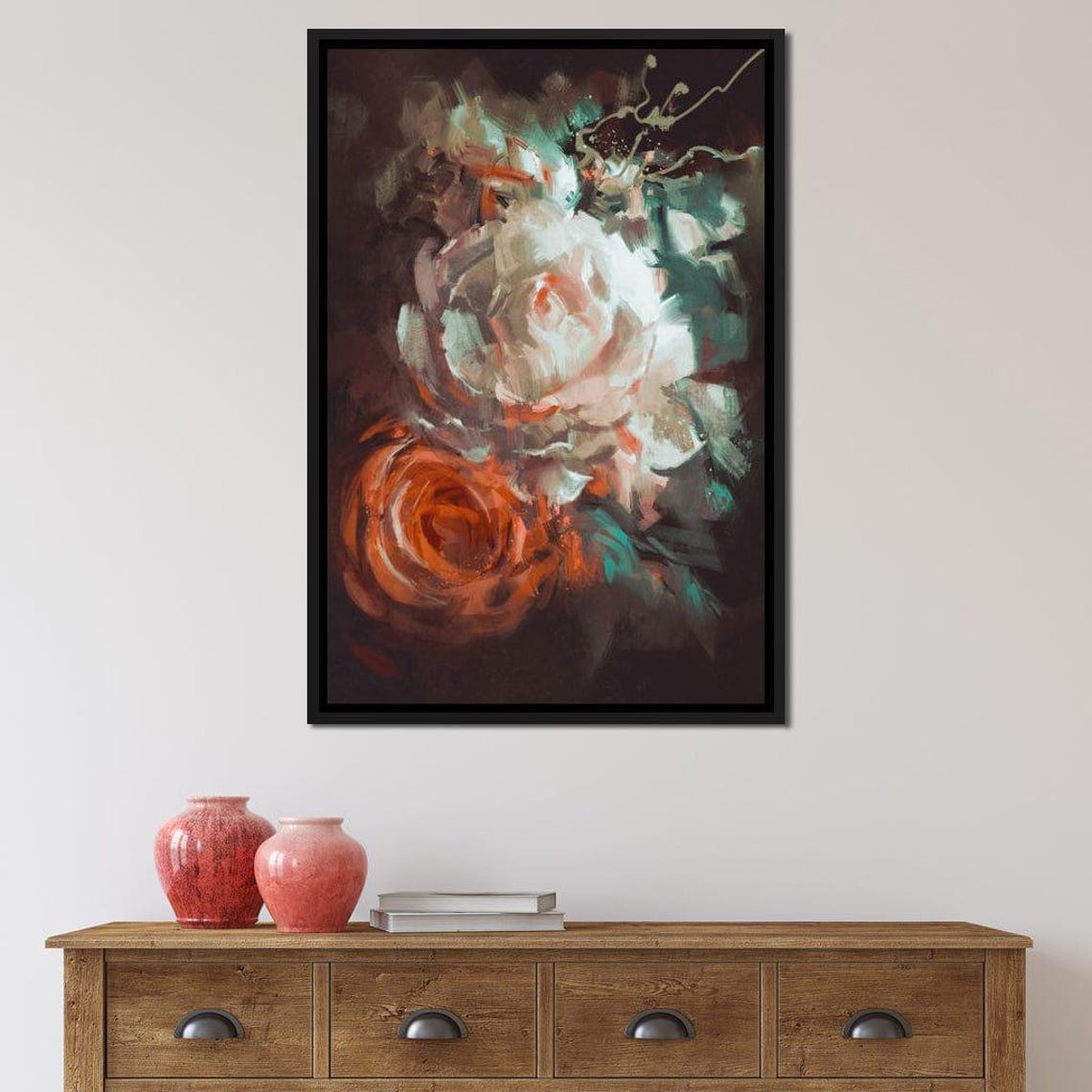 White Orange Roses Dark Moisture Impressionist Floral Poster - Image 2