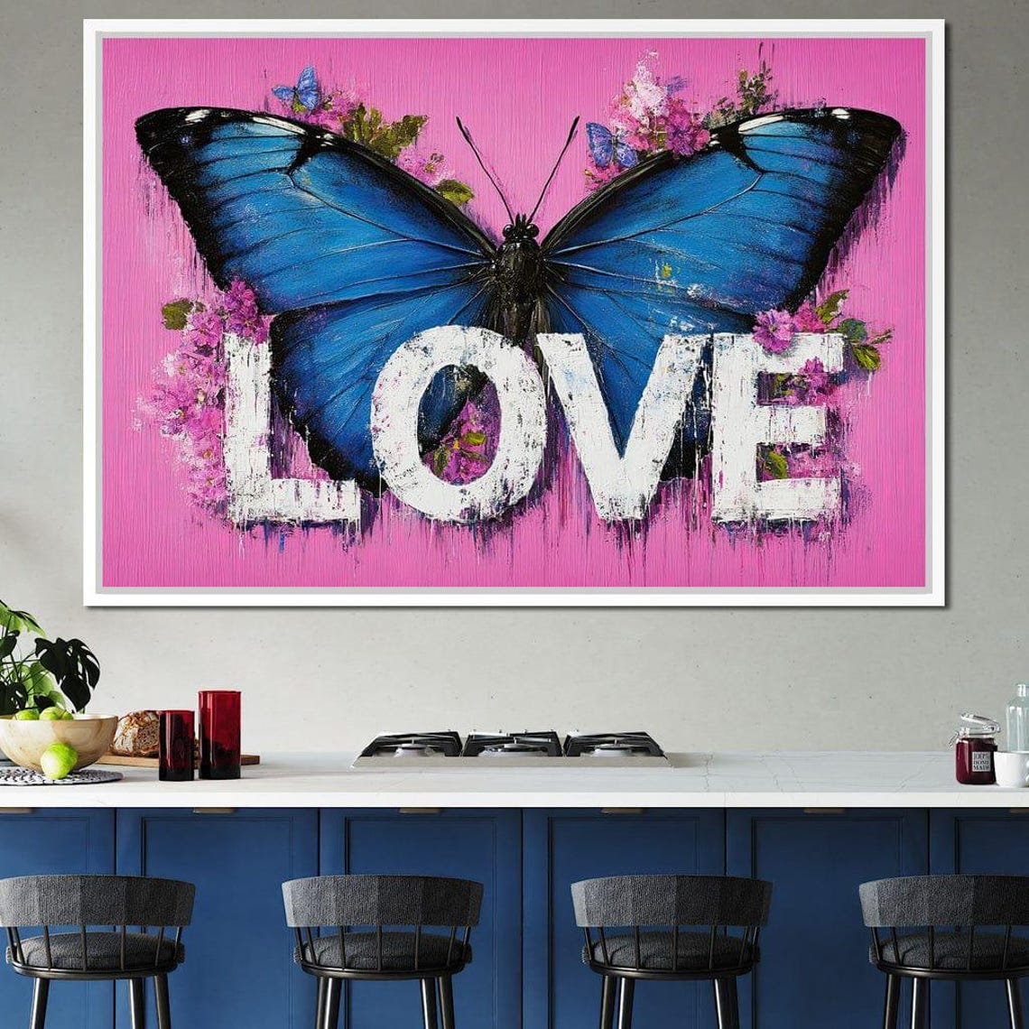Blue Morpho Butterfly Pink Background LOVE Typography Floral Wall Art - Image 4