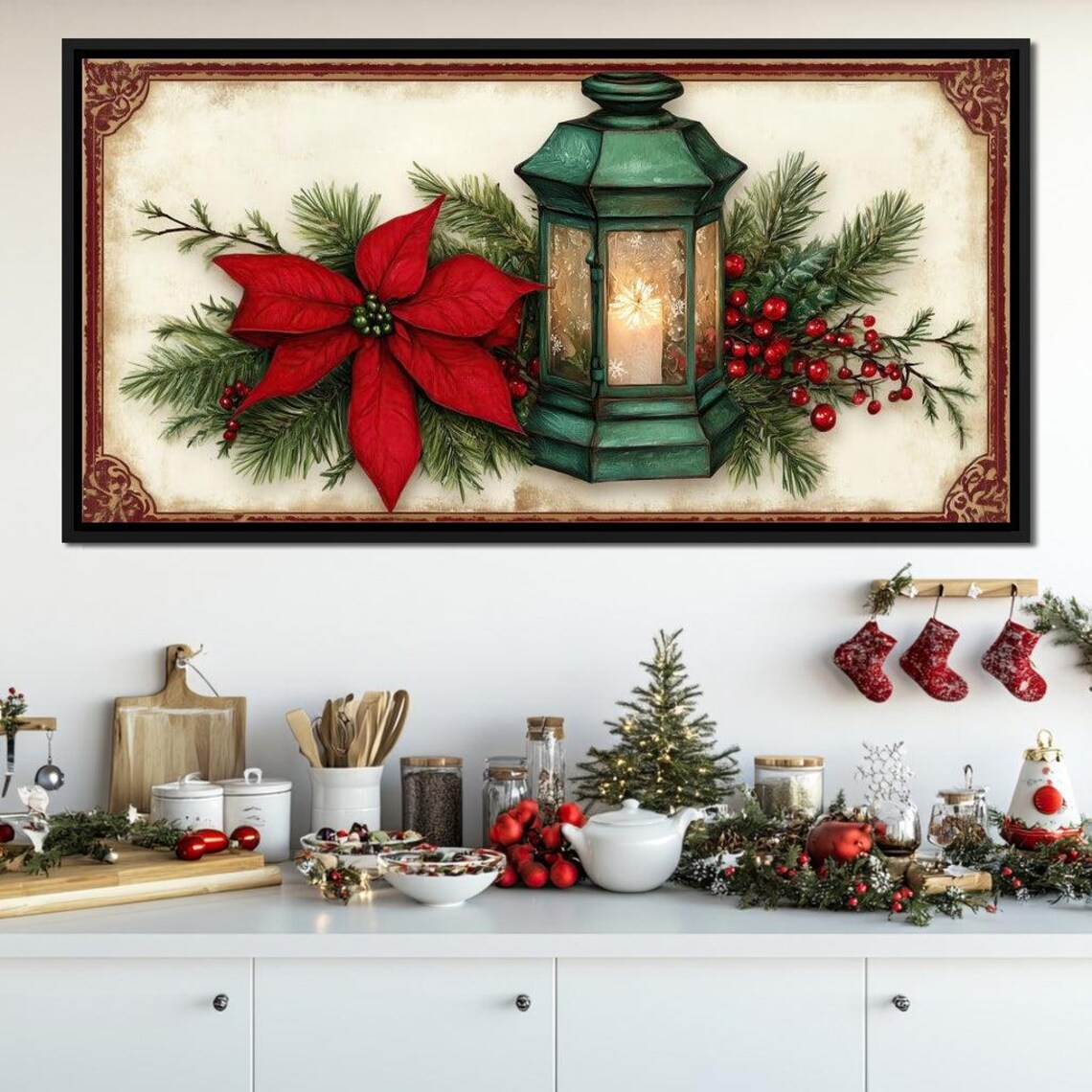 Vintage Green Candle Lantern Poinsettia Pine Holiday Art Poster - Image 2