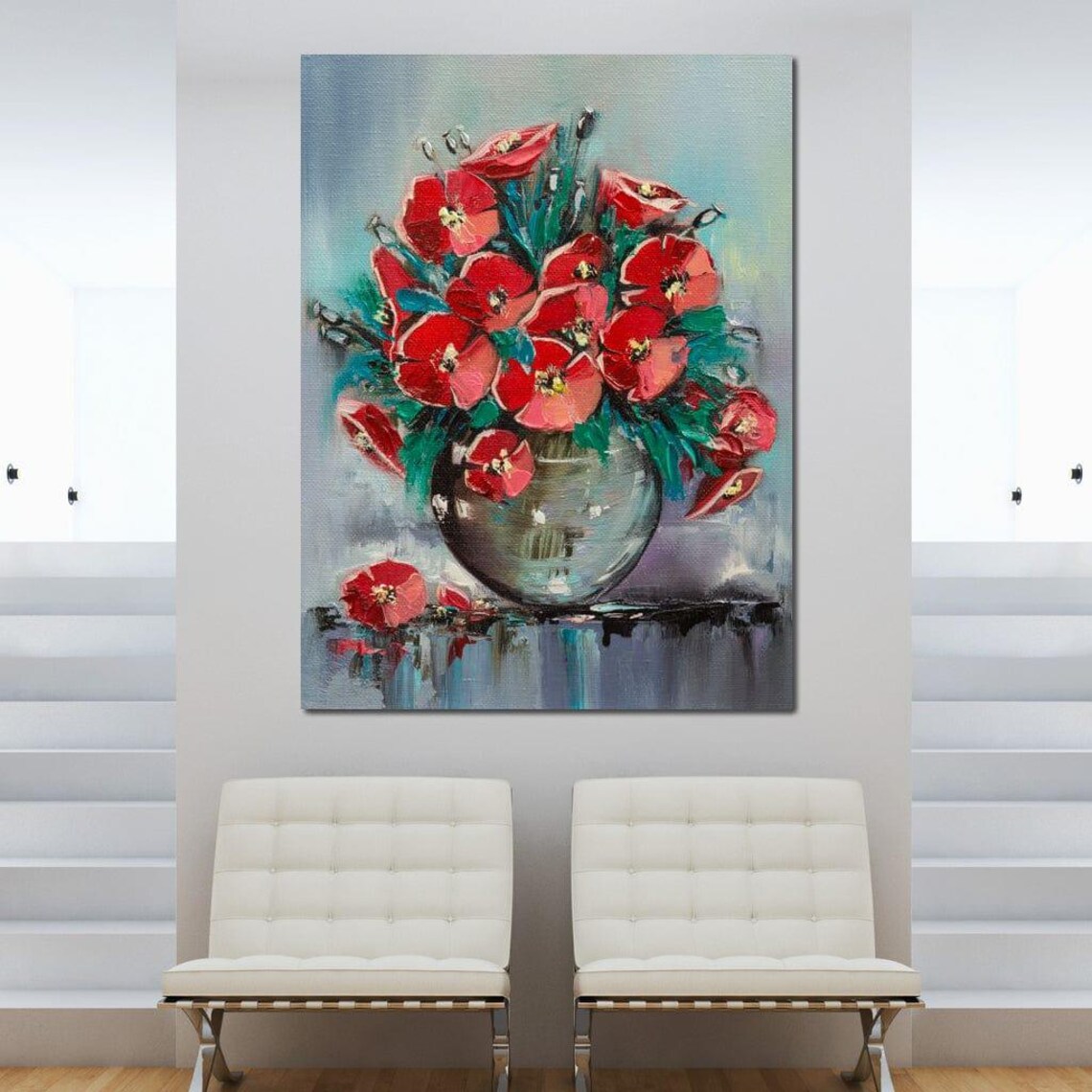 Red Poppy Bouquet Glass Vase Oil Painting Bold Floral Art Poster - Image 3