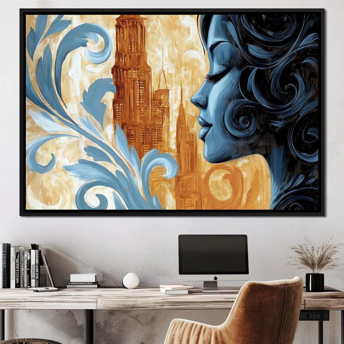 Art Nouveau Blue Woman Profile Gold Tower Floral Swirls Elegant Poster
