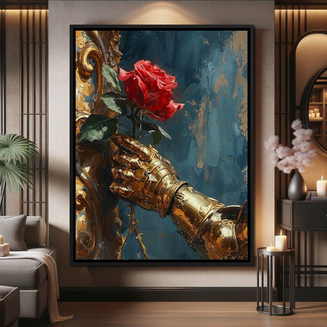 Golden Knight Gauntlet Holding Red Rose Fantasy Romantic Poster - Image 4