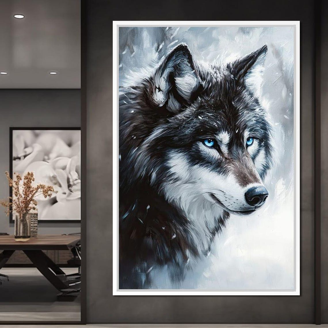 Black Wolf Blue Eyes Snow Painterly Portrait Winter Wildlife Art Print - Image 3