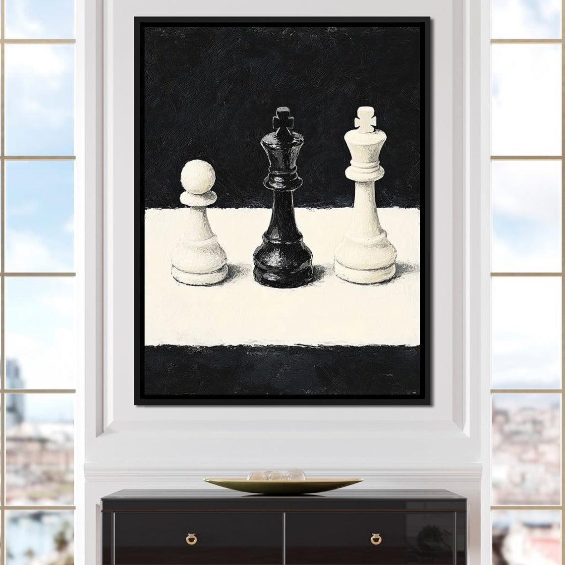 Black And White Chess Kings Pawn Minimalist Game Room Wall Art Print - Image 4