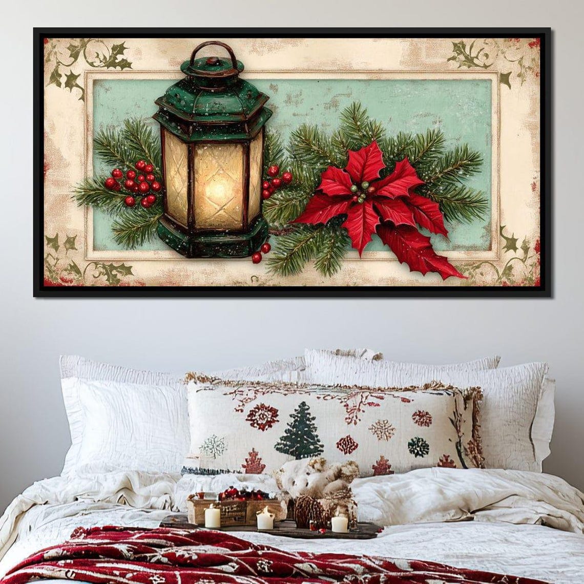Rustic Green Lantern With Poinsettia Pine Vintage Christmas Poster - Image 4