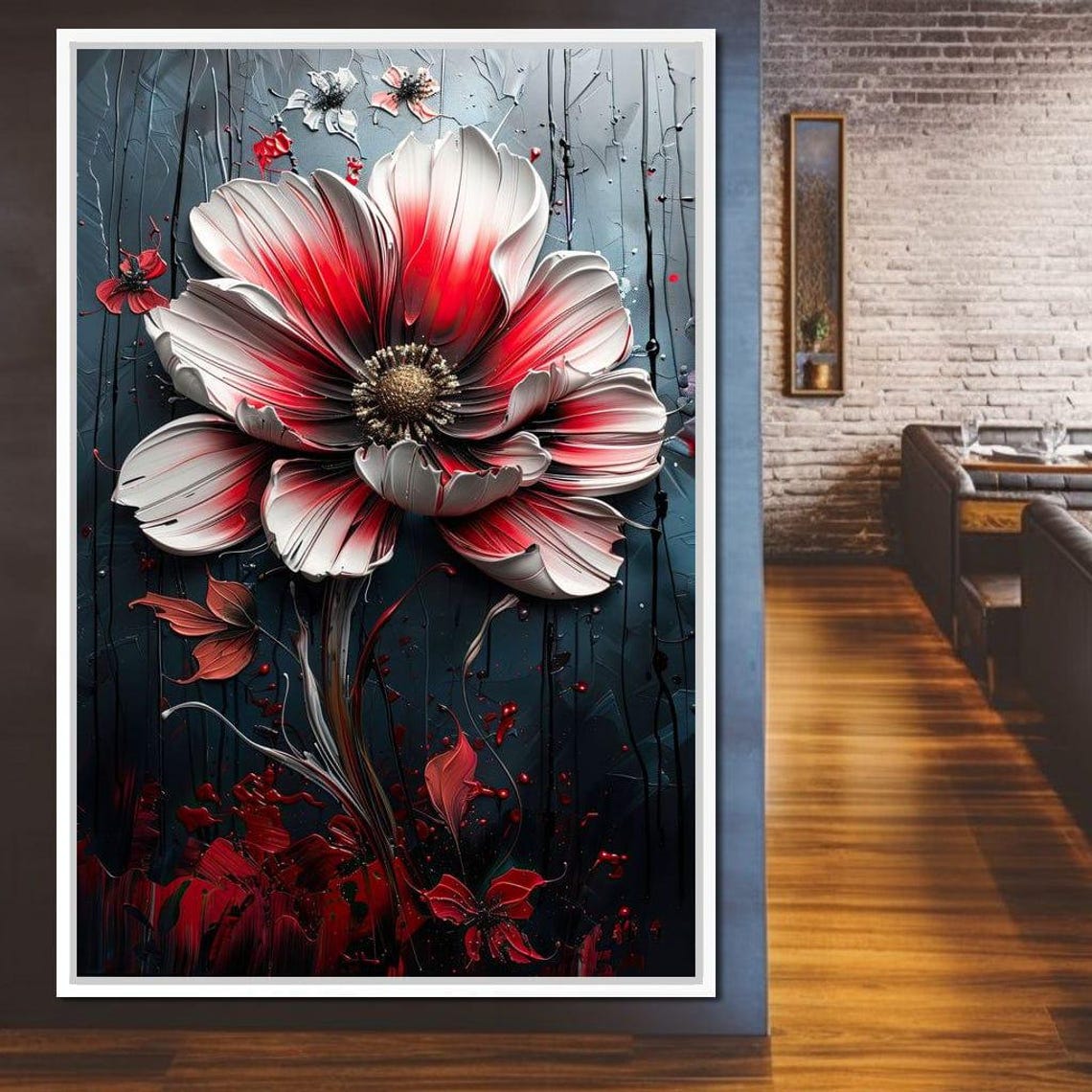 Red White Giant Blooming Flower Dark Dramatic Floral Wall Art Print - Image 2