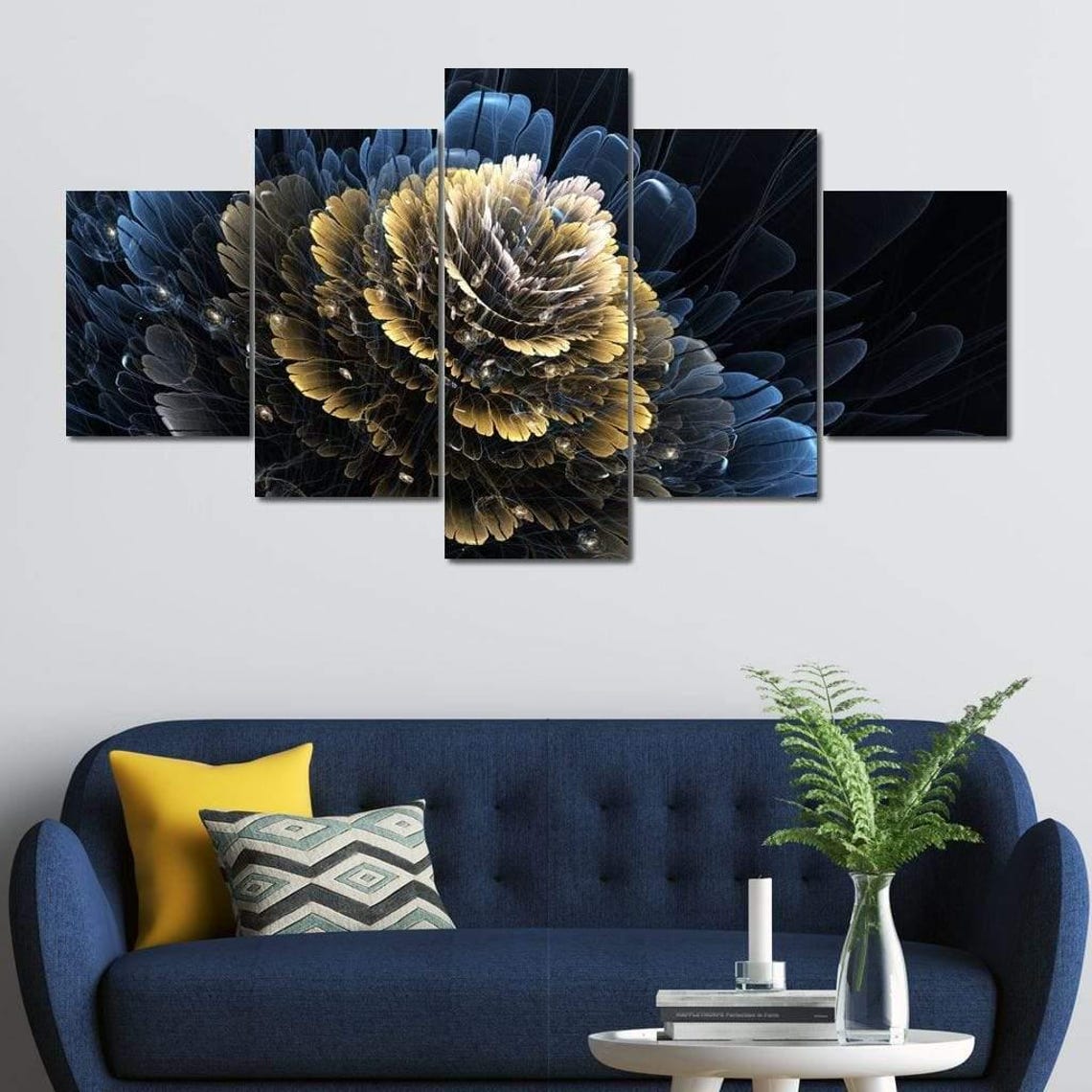 Midnight Blue Gold Fractal Flower Bloom Dark Elegant Modern Poster - Image 4
