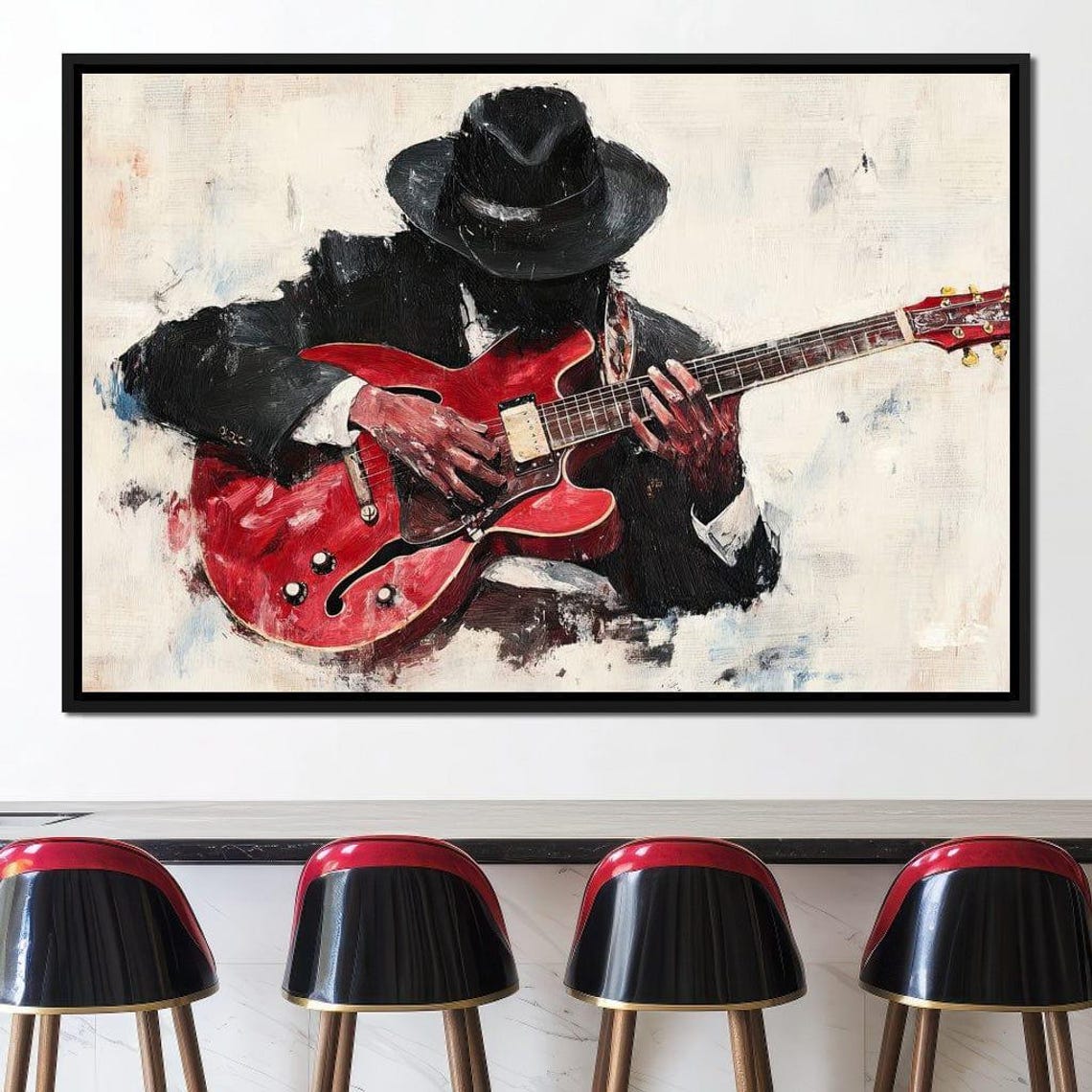 Soulful Blues Guitarist In Fedora Playing Red Guitar Jazz Poster