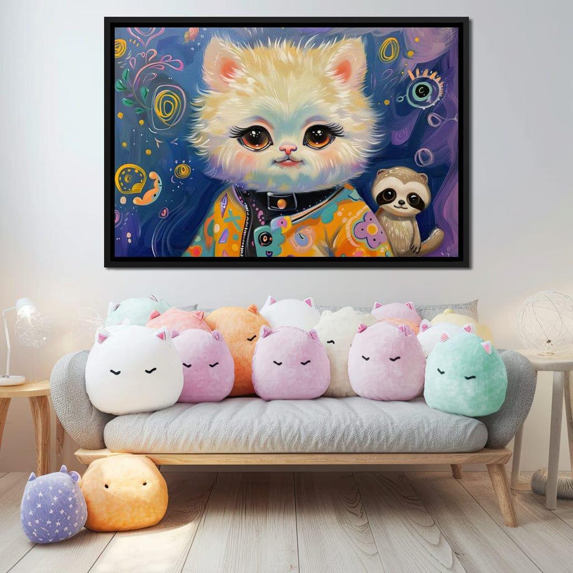 Cute Cartoon Kitten Colorful Jacket With Sloth Friend Kids Art Print - Image 2