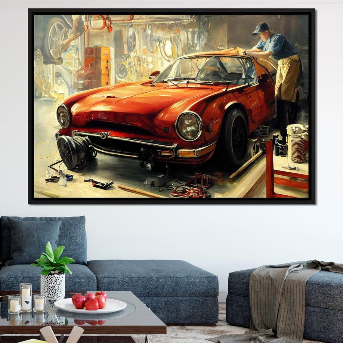 Vintage Red Sports Car Garage Mechanic Retro Auto Workshop Poster