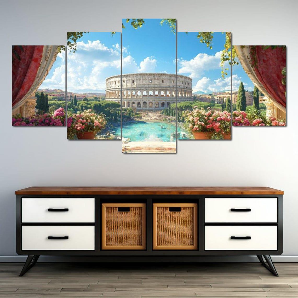 Rome Colosseum Terrace View Red Curtains Floral Veranda Travel Poster - Image 4