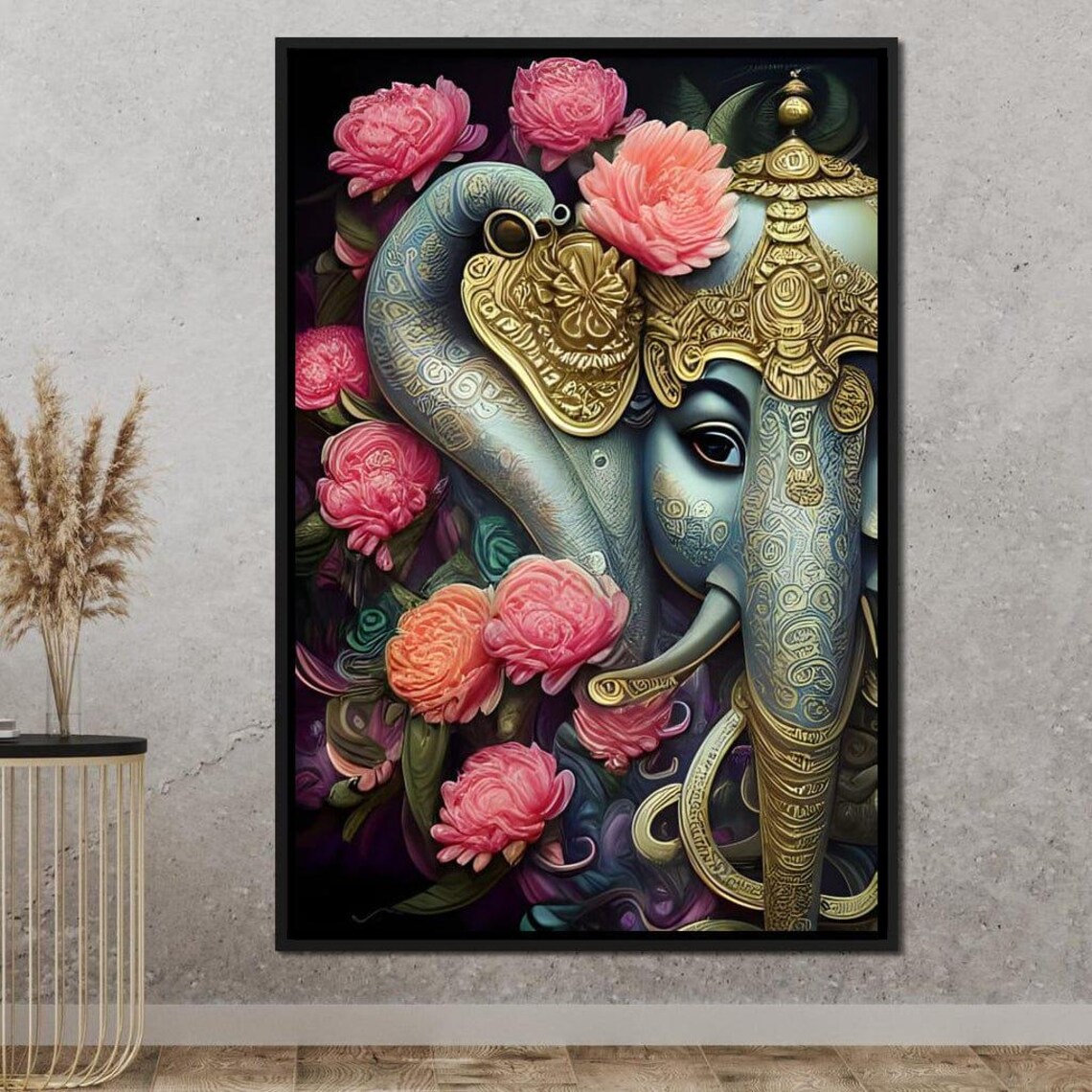 Ganesha Blue Gold Hindu Deity Pink Flowers Floral Spiritual Art Poster