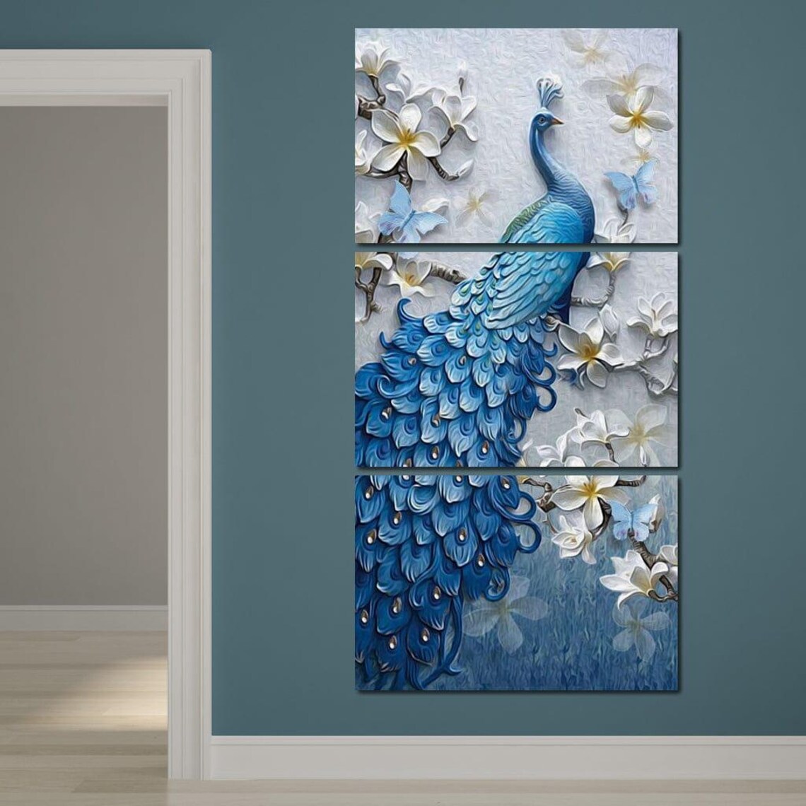 Blue Peacock Flower Set, Vertical Art Print - Image 2