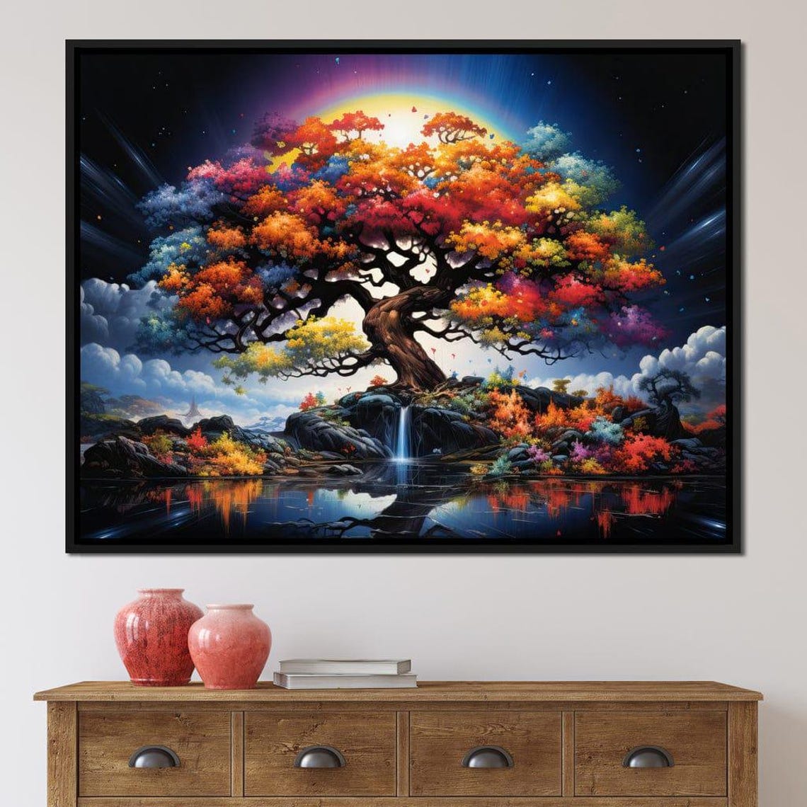 Rainbow Tree Of Life Waterfall Night Sky Five Panel Canvas Wall Art - Image 3