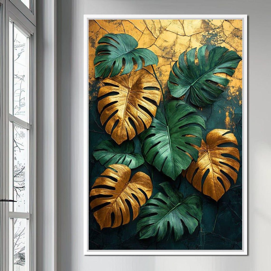Gold Green Monstera Leaves Cracked Emerald Texture Botanical Art - Image 3
