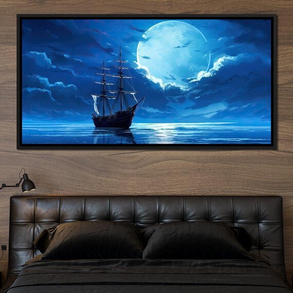 Quiet Sailing Adventure Nautical Wall Art Moonlit Sea Home Decor Serene Sailing Landscape Coastal Ocean Scene Painting By Nichecanvas
