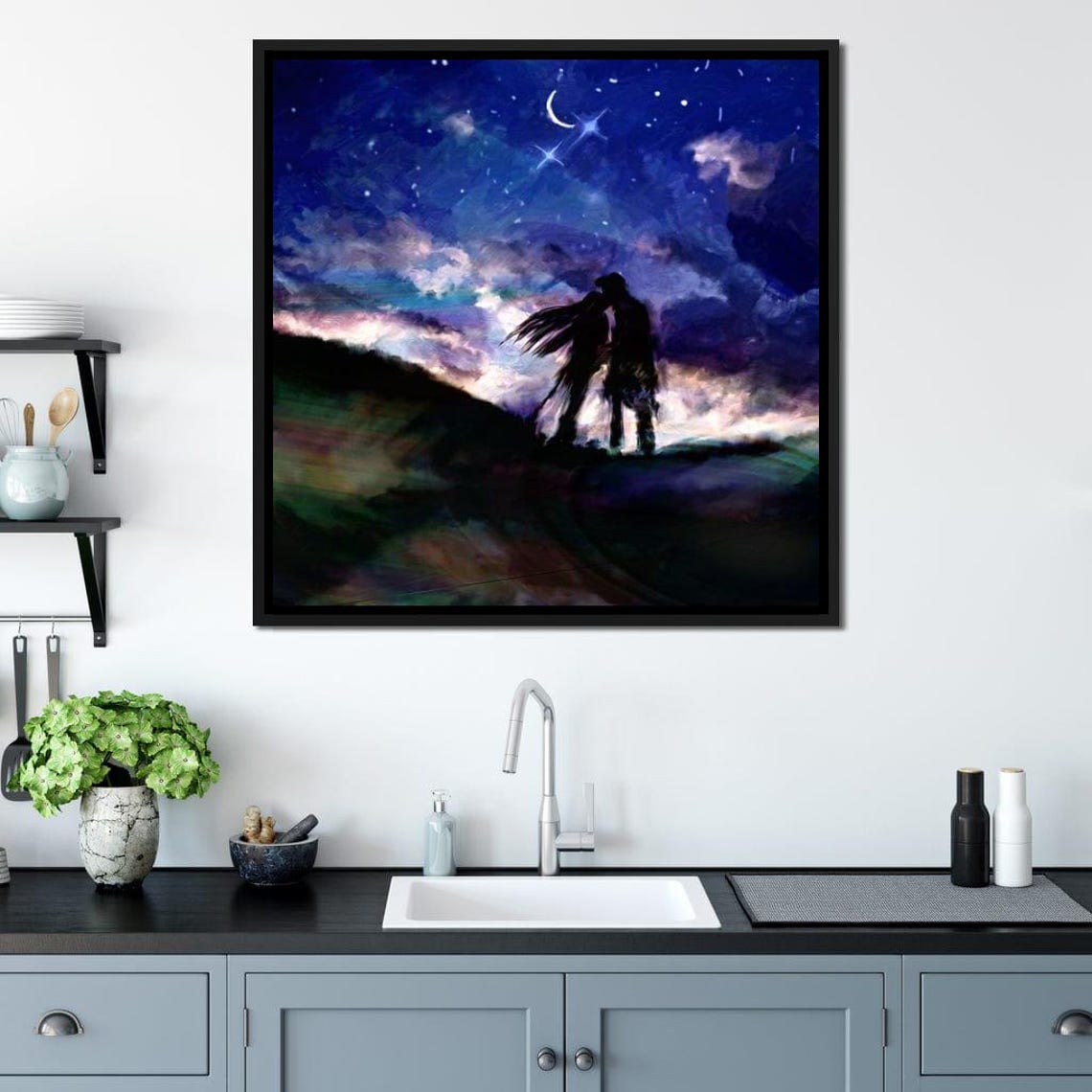 Kissing Under Stars Romantic Couple Silhouette Starry Night Sky Poster