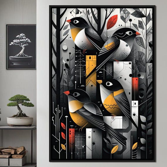 Geometric Autumn Songbirds Modern Wall Art Nature Decor Minimalist Home Decor Fall Aesthetic Birds By Nichecanvas