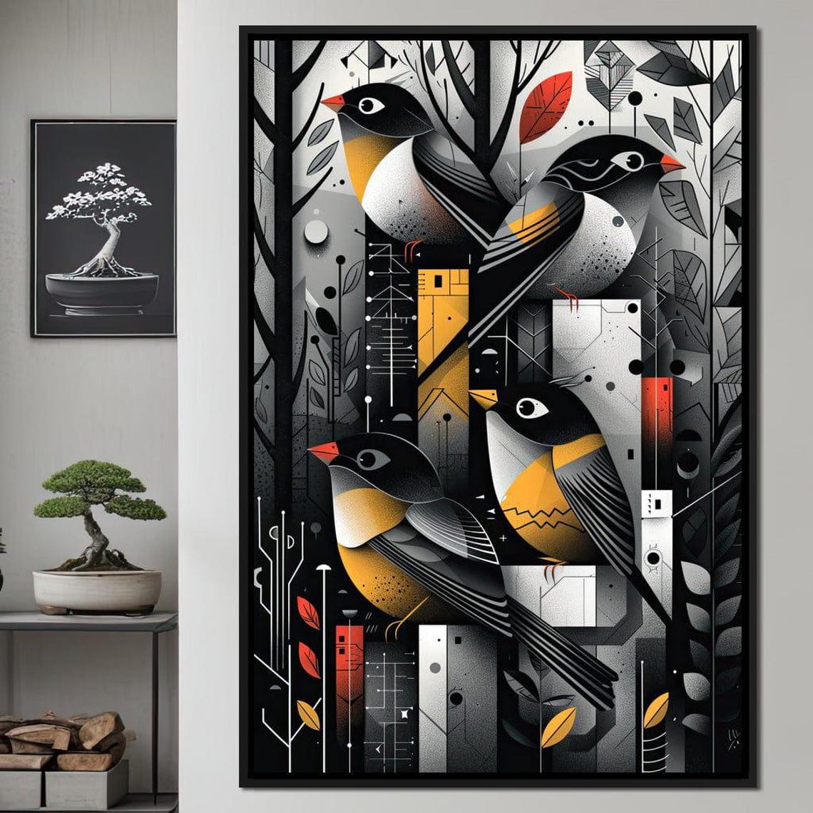 Geometric Autumn Songbirds Black Gold Red Modern Bird Art Wall Poster