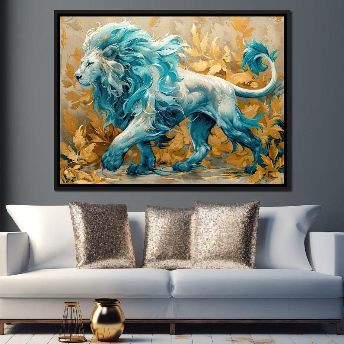 White Lion Turquoise Mane Majestic Big Cat Golden Leaves Art Poster - Image 3