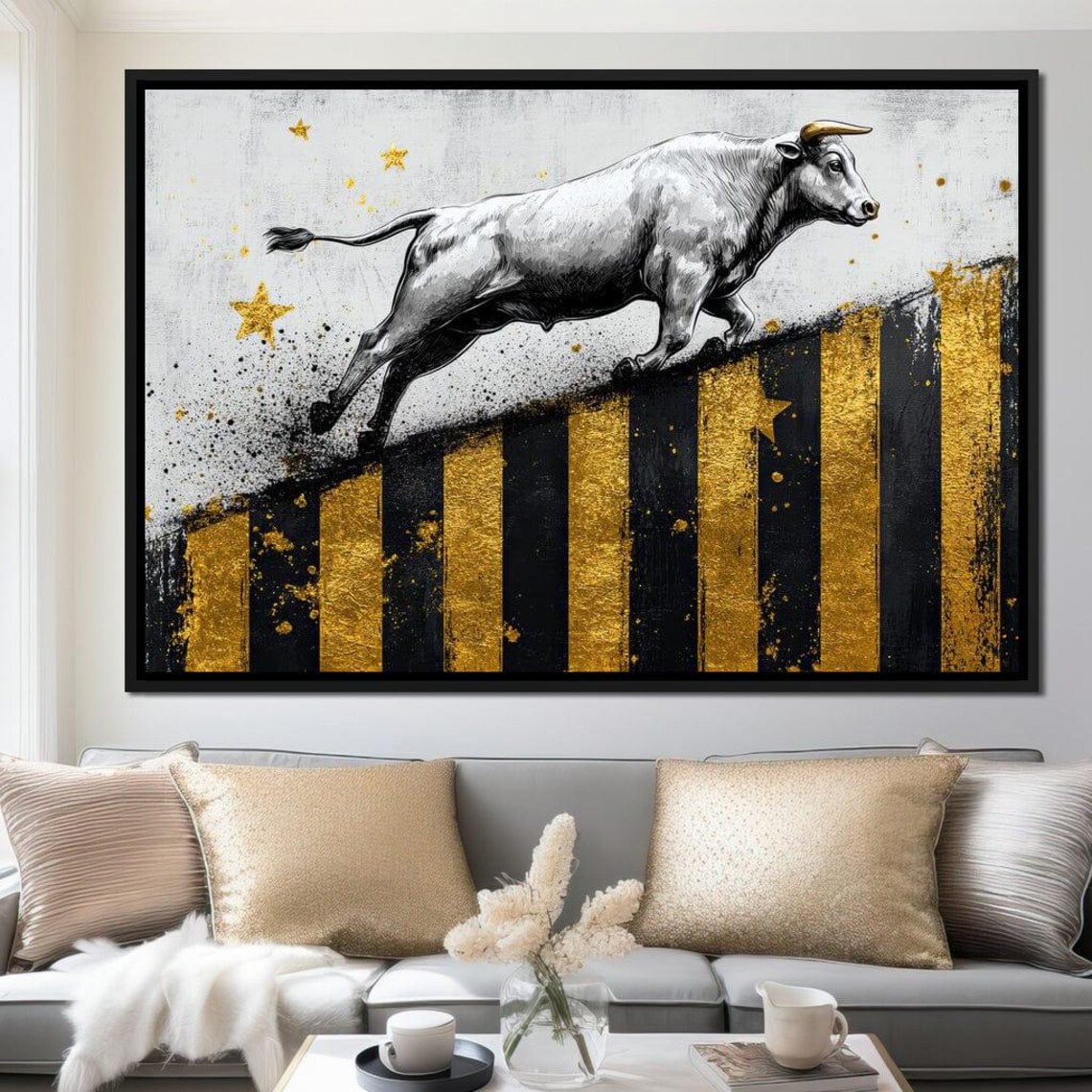 Silver Bull Running on Gold Market Chart Bars Bull Market Wall Art Poster - Image 3
