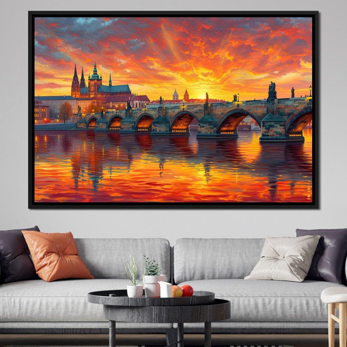 Prague Charles Bridge Sunset Fiery Sky River Reflections Travel Poster