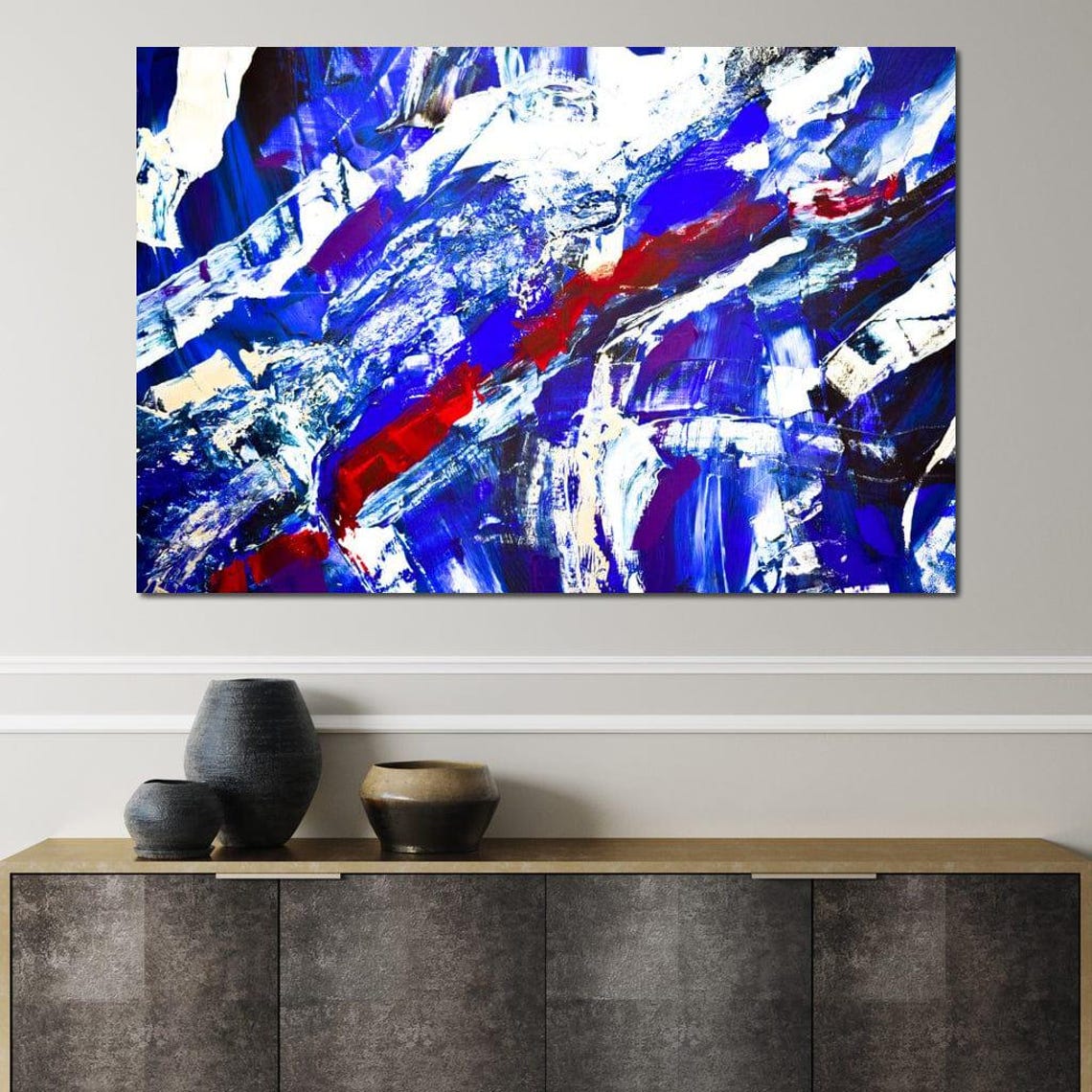 Cobalt Blue Crimson Diagonal Brushstroke Five Panel Abstract Poster - Image 3
