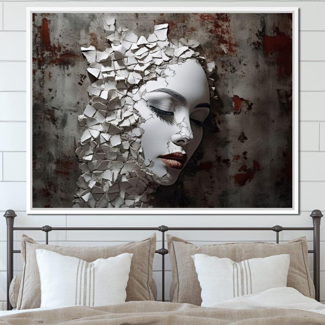 Shattered Porcelain Face 3D Surreal Cracked Mask Wall Art Poster