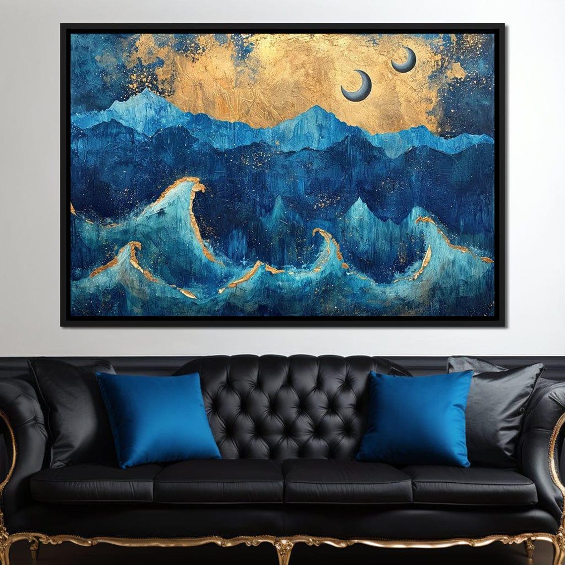 Twin Moons Over Azure Peaks Abstract Landscape Blue Tones Majestic Night Sky Art Celestial Wall Decor By Nichecanvas