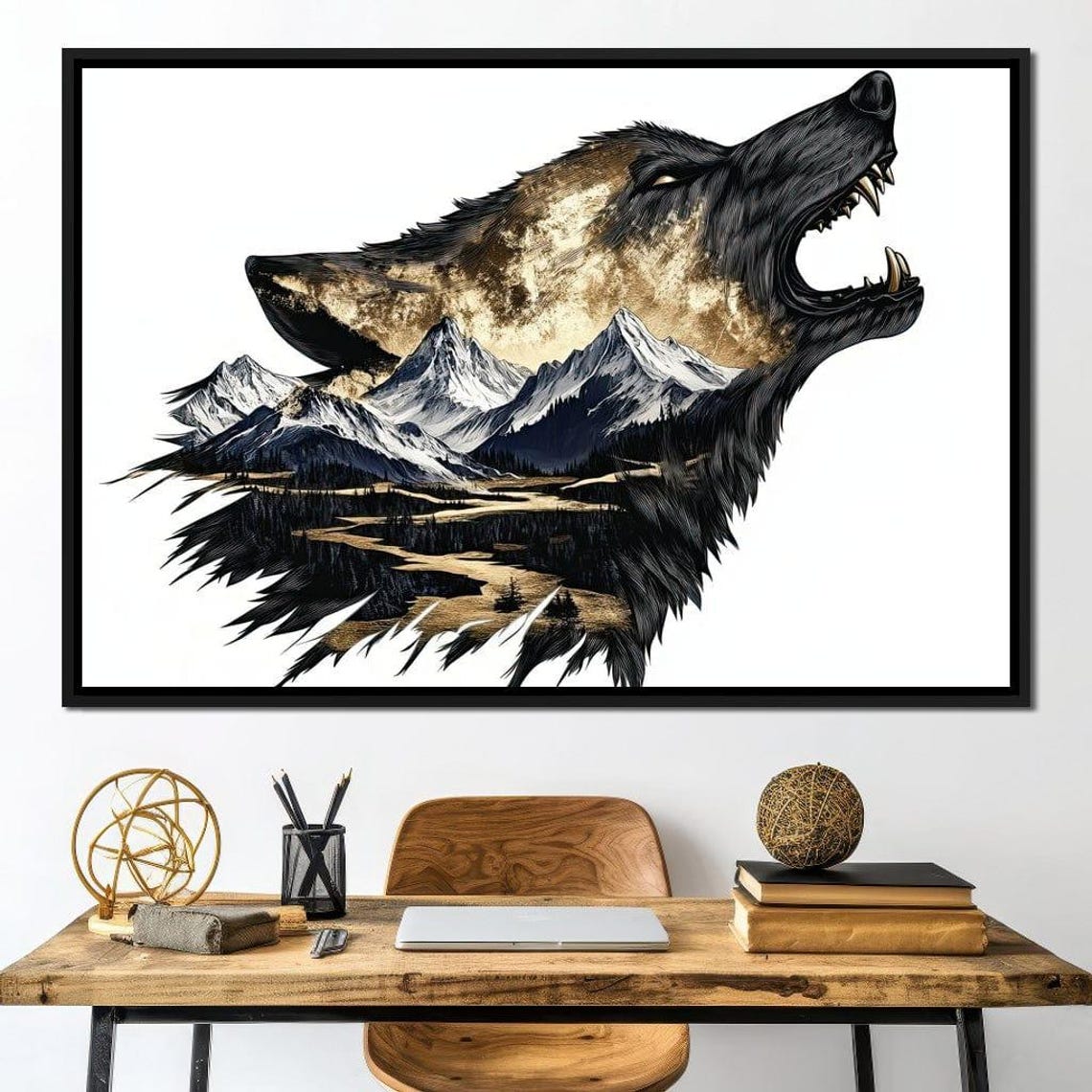 Howling Wolf Head Filled With A Dramatic Mountain Landscape Poster