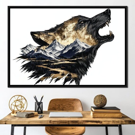 Howling Wolf Head Filled With A Dramatic Mountain Landscape Poster
