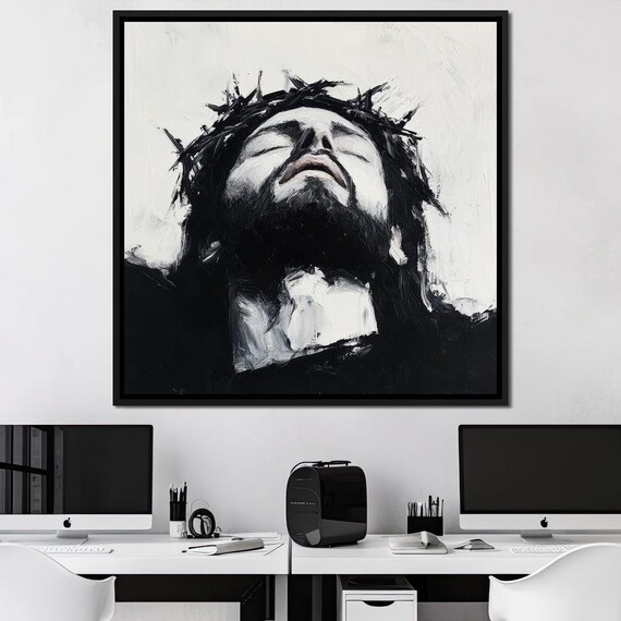 Jesus With Crown Of Thorns Black White Spiritual Faith Portrait Poster