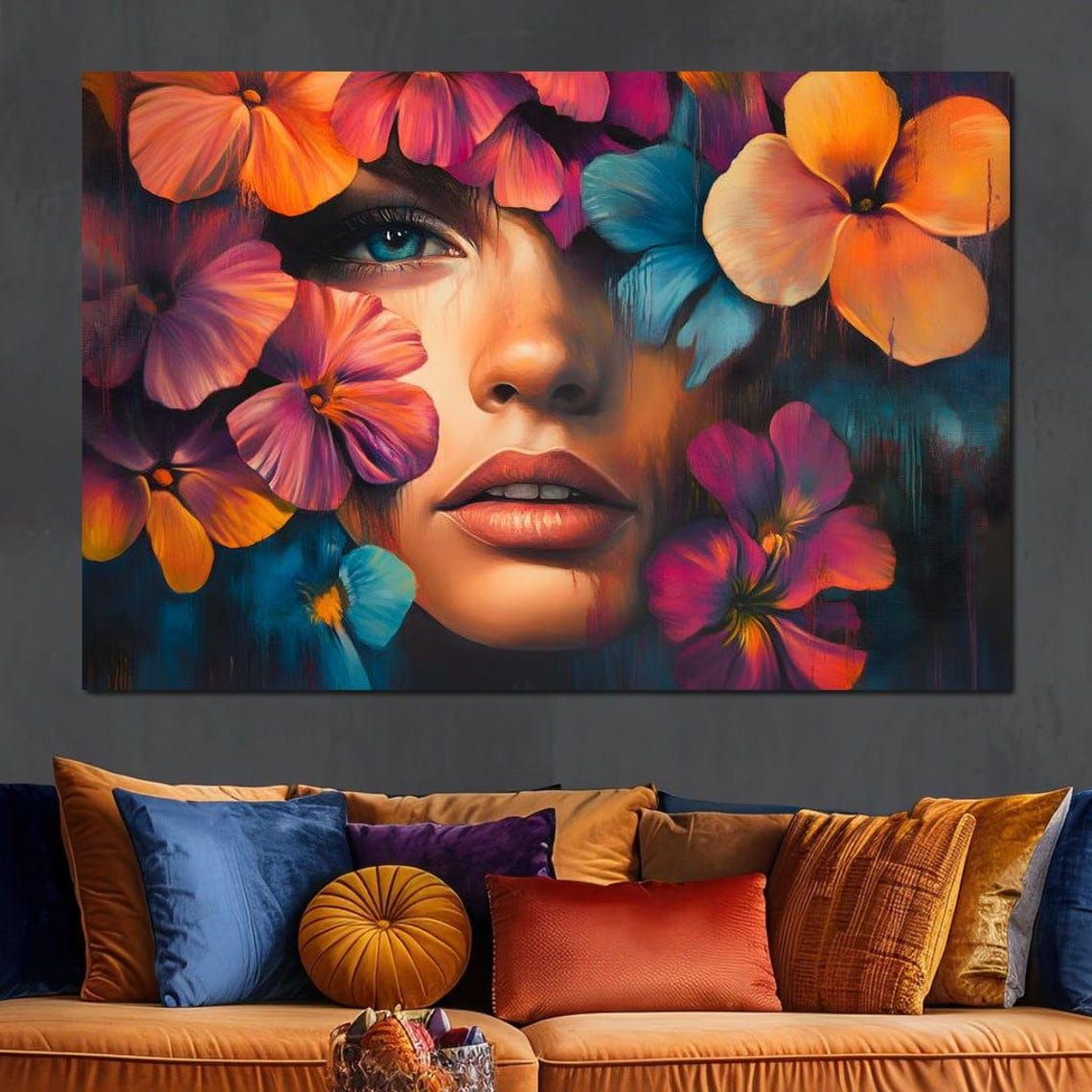 Dreamy Woman Face Framed by Vibrant Colorful Pansy Flowers Poster