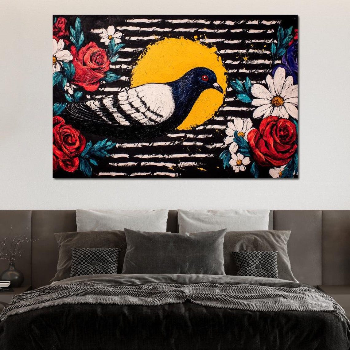 Perched Pigeon Yellow Moon Red Roses Striped Black Folk Bird Poster - Image 2