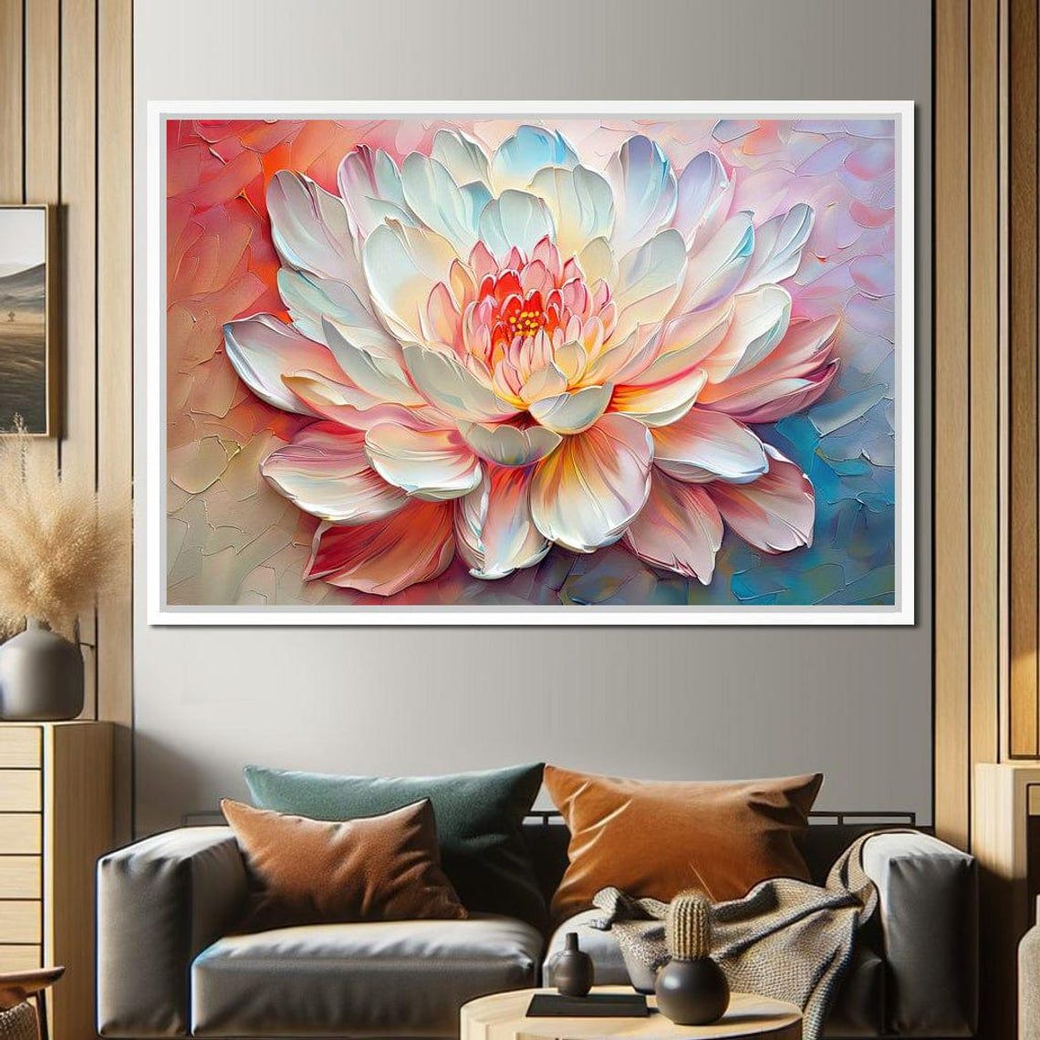 White Dahlia Macro Impasto Oil Painting Pastel Flower Art Print - Image 3